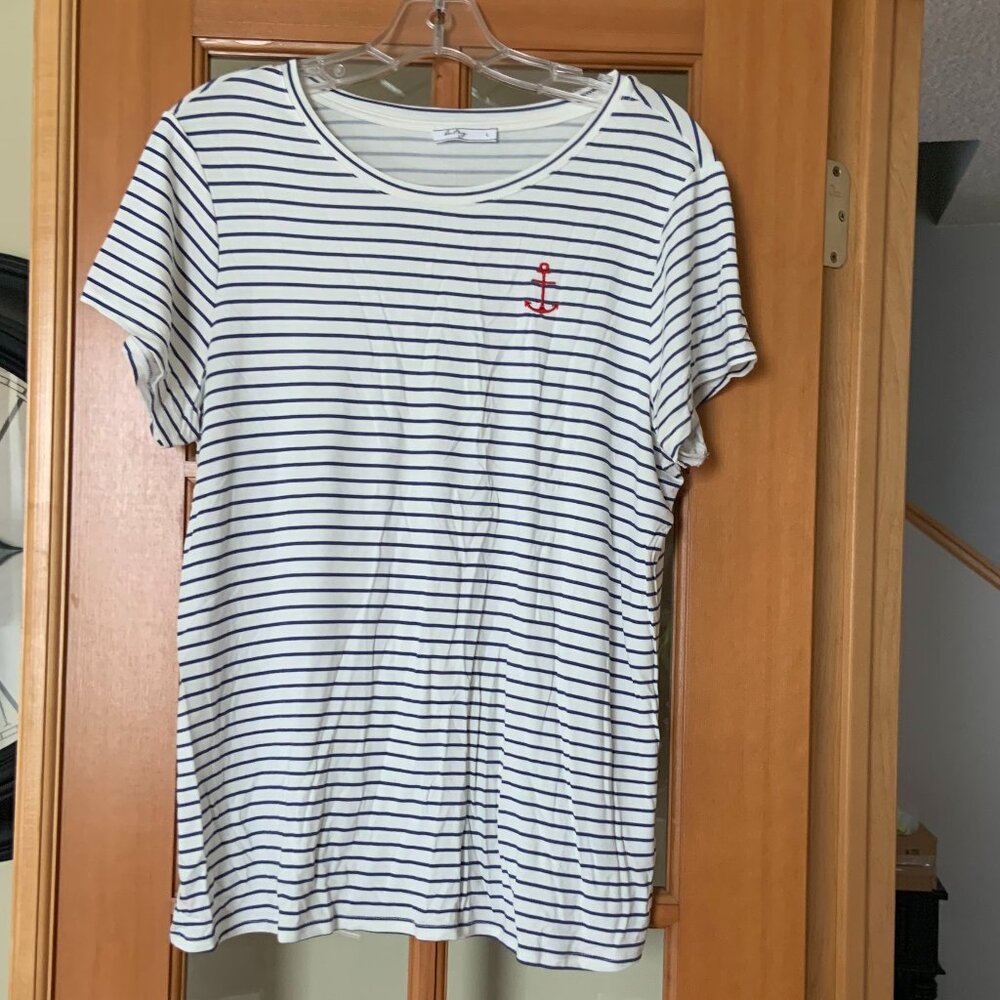 NWOT Britney Women's Navy & White Striped T-Shirt, Size L. - Picture 2 of 6